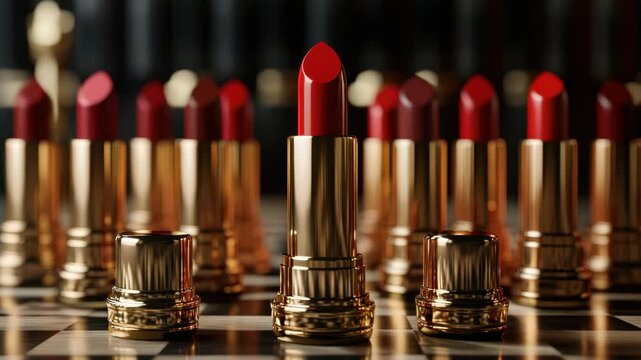 Red lipstick gold tube luxury cosmetic glamour beauty product makeup fashion accessory elegance shiny closeup vibrant color feminine style modern professional chic glossy decorative classic bold