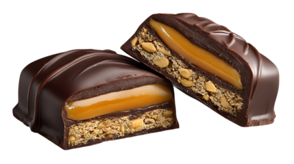 Delicious chocolate bar with caramel and peanuts cut in half showing rich layers isolated on transparent background