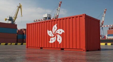 Hong Kong Flag on Cargo Container, Symbol of Global Trade, Shipping, and Economic Tensions. International Shipping and Trade War Impact