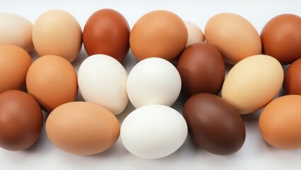 A collection of different colored eggs arranged closely together on a white surface for a food concept