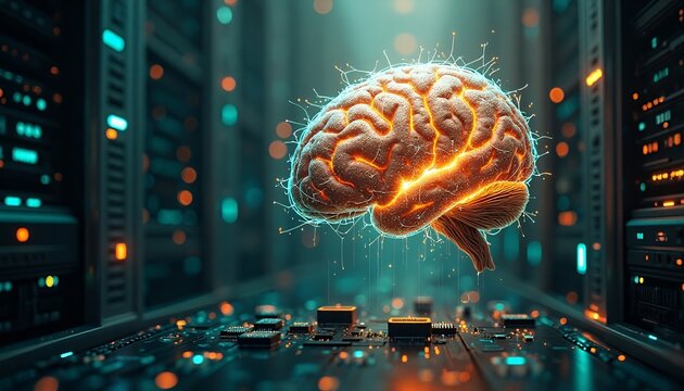 Artificial Intelligence Brain and Server Racks
