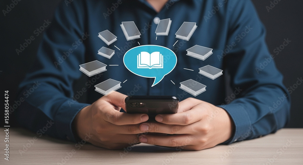 Poster a person using a smartphone with books and a chat bubble icon around it on a wooden surface