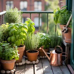 Fresh Herbs Growing on Urban Balcony Garden with Copper Watering Can