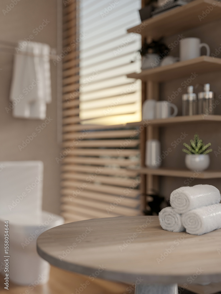 Poster towels on a round wooden table and display shelf with blurred background of modern toilet or bathroo