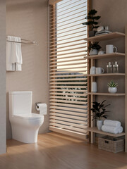 Toilet and paper under a towel hanging rack with wooden display shelf in a modern stylish bathroom..
