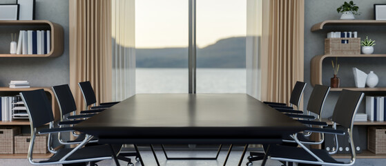 Black table and swivel chairs in office's meeting room with sea or river view outside the glass door