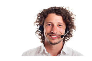 Obraz premium Smiling man with curly hair wearing a headset on transparent background