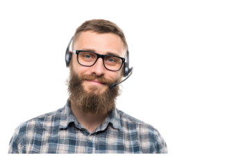 Portrait of a smiling bearded man wearing glasses and a headset, against a . He's dressed in a casual plaid shirt. isolated on transparent background