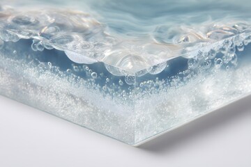 Abstract art with layered resin, creating a tranquil ocean effect, showcasing bubbles and waves. The artwork has a modern feel, bringing the essence of water