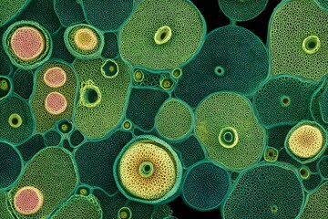 Microscopic view of green cells with intricate details. The cells vary in size and have a textured surface