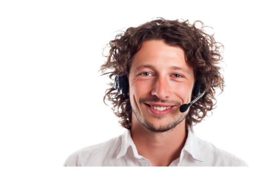 Portrait of a Smiling Man with Curly Hair Wearing a Headset, Providing Excellent Customer Service and Technical Support isolated on transparent background