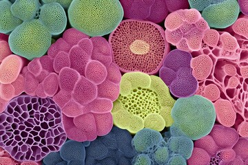 A colorful array of pollen grains captured through a microscope. The image showcases diverse shapes and vibrant hues.