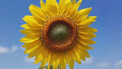 Obraz premium A vibrant sunflower stands tall against a clear blue sky, radiating warmth and natural beauty in the summer.
