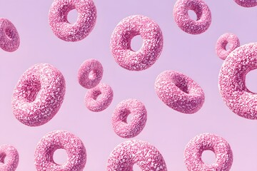 Pink frosted donuts floating in the air against a soft background, inviting you to indulge in a sweet treat. The image evokes a sense of joy and sweetness, perfect for food-related content.