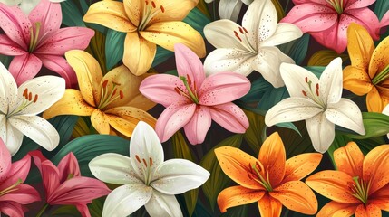 Fototapeta premium 20.A detailed vector illustration of multicolored lilies, including white, pink, yellow, and orange varieties, with realistic shading and intricate petal textures.