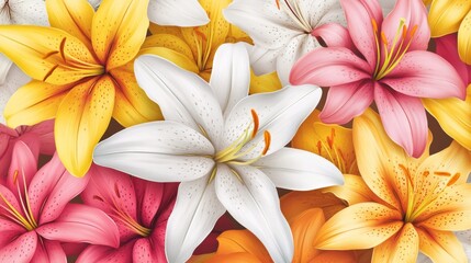 Obraz premium 20.A detailed vector illustration of multicolored lilies, including white, pink, yellow, and orange varieties, with realistic shading and intricate petal textures.