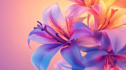 21.A vibrant poster featuring an array of lilies in full bloom, their petals rendered with lifelike detail, set against a soft gradient background.