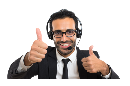 Smiling Customer Service Representative with Headset Giving Two Thumbs Up, Positive Feedback, Excellent Service isolated on transparent background