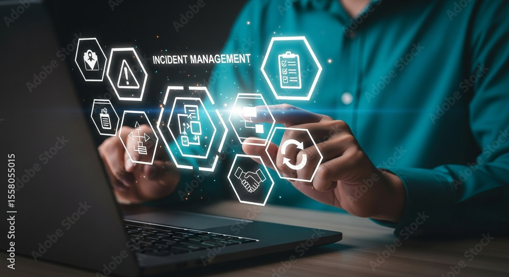 Poster Man using laptop with incident management interface and icons displayed on the screen overlaying the hands