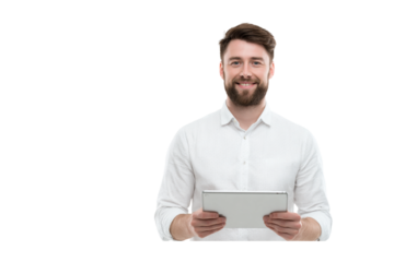 Smiling man with beard holding a tablet computer, wearing a white shirt against a . A portrait style image ideal for business, technology isolated on transparent background