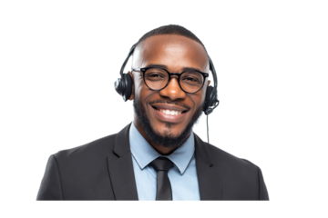 Portrait of a Smiling Black Businessman Wearing a Headset and Glasses, Professional Customer Service Representative isolated on transparent background