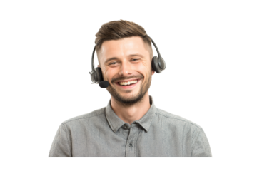 Happy smiling man wearing a grey shirt and a headset, providing excellent customer service and support. He is a friendly and approachable call center agent,  isolated on transparent background