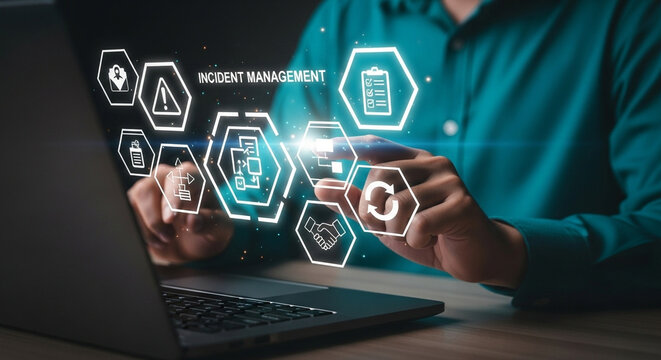 Man using laptop with incident management interface and icons displayed on the screen overlaying the hands