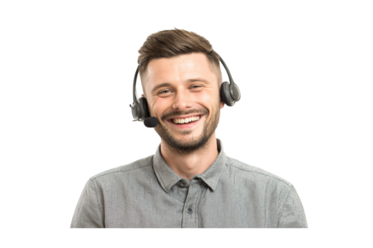 Happy smiling man wearing a grey shirt and a headset, providing excellent customer service and support. He is a friendly and approachable call center agent,  isolated on transparent background