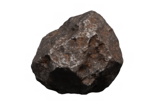 Dark gray asteroid model, photorealistic 3d rendering, transparent background, professional compositing for space visualization projects