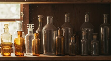 Vintage Glass Bottles on Wooden Shelf with Natural Light