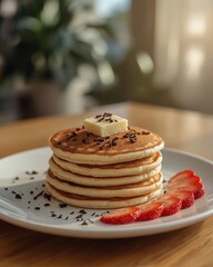 A plate of pancakes with chocolate topping and sliced ​​strawberries