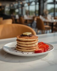 A plate of pancakes with chocolate topping and sliced ​​strawberries