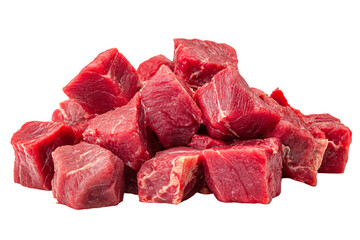 Fototapeta premium Close-up shot of a pile of fresh, raw beef cubes, . The beef is rich red in color isolated on transparent background