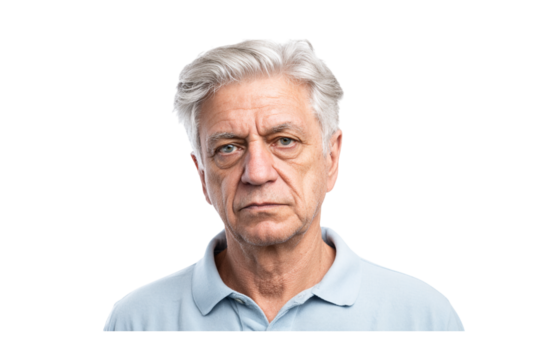 Portrait of a Serious Senior Man with Gray Hair Wearing a Light Blue Polo Shirt Against a isolated on transparent background