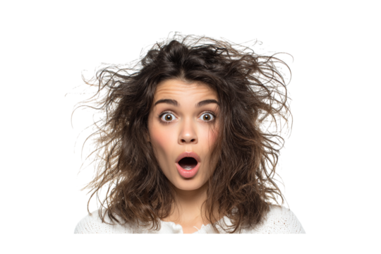 A Young Woman with Messy, Frizzy Brown Hair, Open Mouth in Surprise or Shock isolated on transparent background