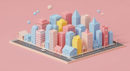 Colorful 3D Cityscape on Pink Background with Modern Architecture