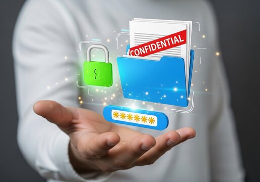 Confidential document concept. Privacy protection, secret secured lock, safety or security to archive file or document. Person holding lock document file folder with padlock.