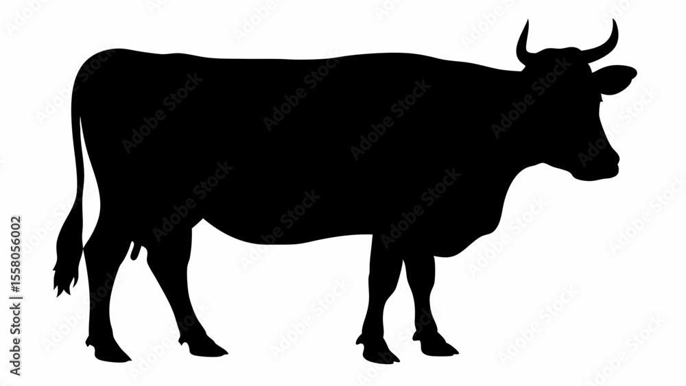 Poster a silhouette of a cow standing in profile with horns and a tail on a white background isolated image