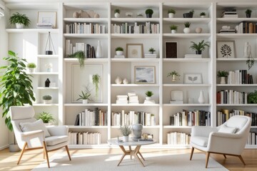 White bookcase arrangement with comfortable armchairs and houseplants.
