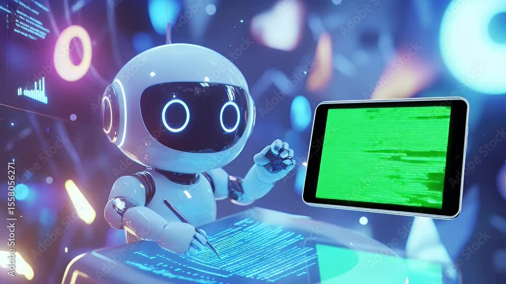 Poster futuristic robot working on a digital interface