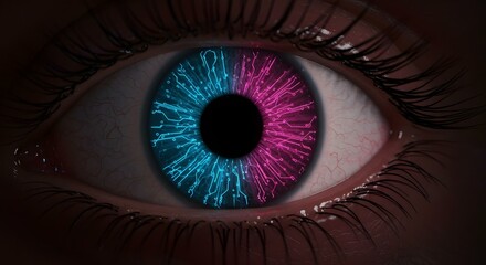A close-up eye showing an eye with circuit design: high-tech cyborg eye, A robotic eye with detailed circuit patterns, featuring cyberpunk aesthetics