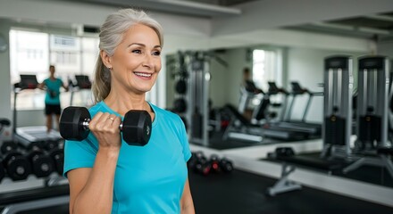 A mature woman lifting a dumbbell in the gym, her grey hair pulled back in a ponytail and wearing a turquoise t-shirt,Healthy and Active Senior Woman Working Out at the Gym