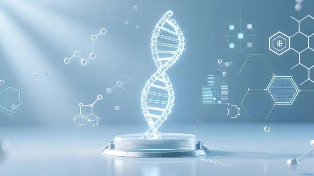 A high-tech abstract background featuring a glowing 3D DNA double helix structure, surrounded by floating molecular diagrams, hexagonal grids, and digital data nodes. 