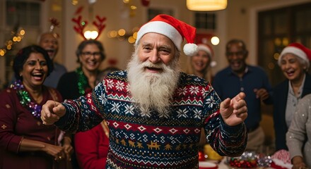Festive holiday joy: Santa Claus celebrates with a diverse group of friends and family,Capturing the spirit of Christmas: A multicultural gathering filled with laughter, love, and holiday cheer