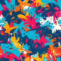 A vibrant and expressive seamless pattern exploding with dynamic graffiti-inspired elements, including abstract shapes, paint splatters, and bold brushstrokes