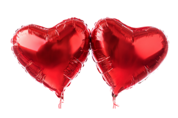 Two Red Foil Heart-Shaped Balloons Close-Up on, Perfect for Valentine's Day or Romantic Celebrations isolated on transparent background