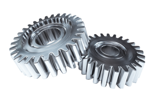 Two Chrome Gears Intermeshed, Precision-Engineered Metal Cogs, Industrial Machinery Components isolated on transparent background