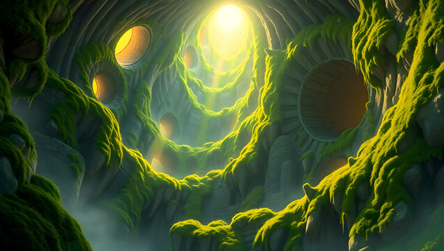 owering stone cliffs, spiraling upward in a nautilus shell-like formation, lavishly covered in vibrant, emerald-green moss that's gently swaying in the misty air, with shafts of warm, golden light pie