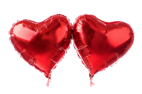 Two Red Foil Heart-Shaped Balloons Close-Up on, Perfect for Valentine's Day or Romantic Celebrations isolated on transparent background
