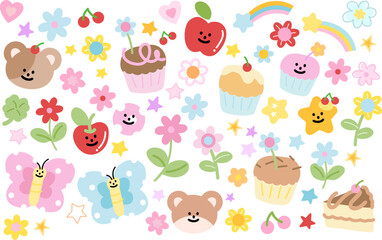 Pastel blossom illustrations of flowers, butterfly, cakes, cherry, apple, rainbow, teddy bear for spring, summer, fruits, picnic, stickers, floral print, plush toy, doll, cartoon, characters, icons